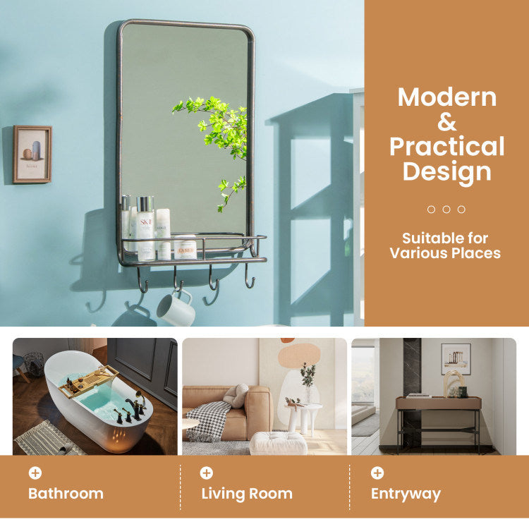 Wall Bathroom Mirror with Shelf Hooks Sturdy Metal Frame for Bedroom Living Room