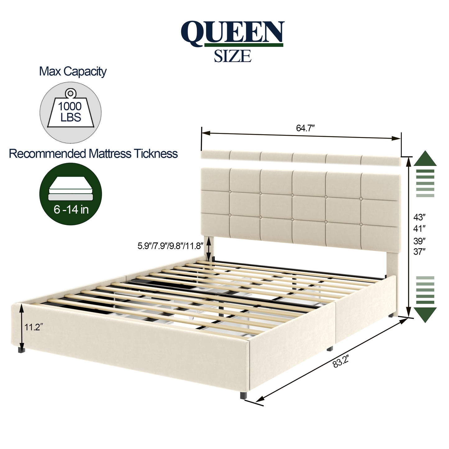 Vera Queen Size Ivory Velvet Upholstered Platform Bed with Patented 4 Drawers Storage, Square Stitched Button Tufted Headboard, Wooden Slat Mattress Support No Box Spring Required