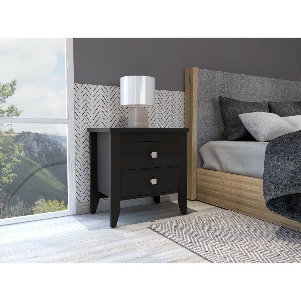 Breeze Four-Legged Modern Bedroom Nightstand, with Two Drawers, Black