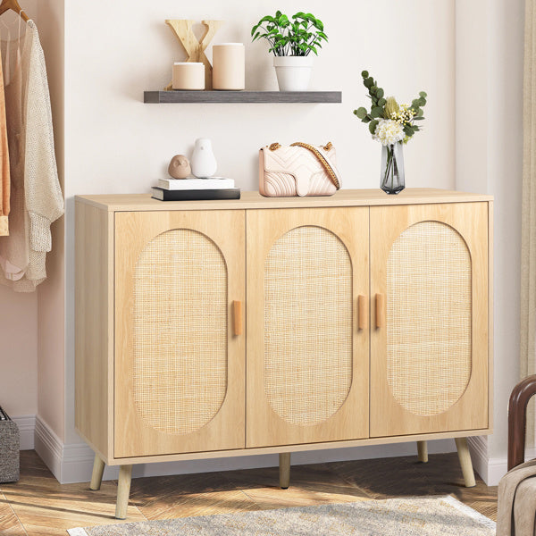 Modern Rattan Shoe Storage Cabinet with 3 Doors and Adjustable Shelves, Accent Cabinet for Living Room, Bedroom, Hallway