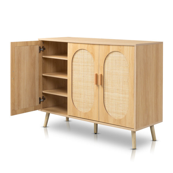 Modern Rattan Shoe Storage Cabinet with 3 Doors and Adjustable Shelves, Accent Cabinet for Living Room, Bedroom, Hallway