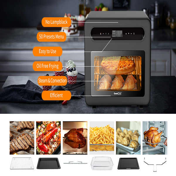 Geek Chef Steam Air Fryer Toast Oven Combo , 26 QT Steam Convection Oven Countertop , 50 Cooking Presets, with 6 Slice Toast, 12" Pizza, Black Stainless Steel(Banned from selling on Amazon)