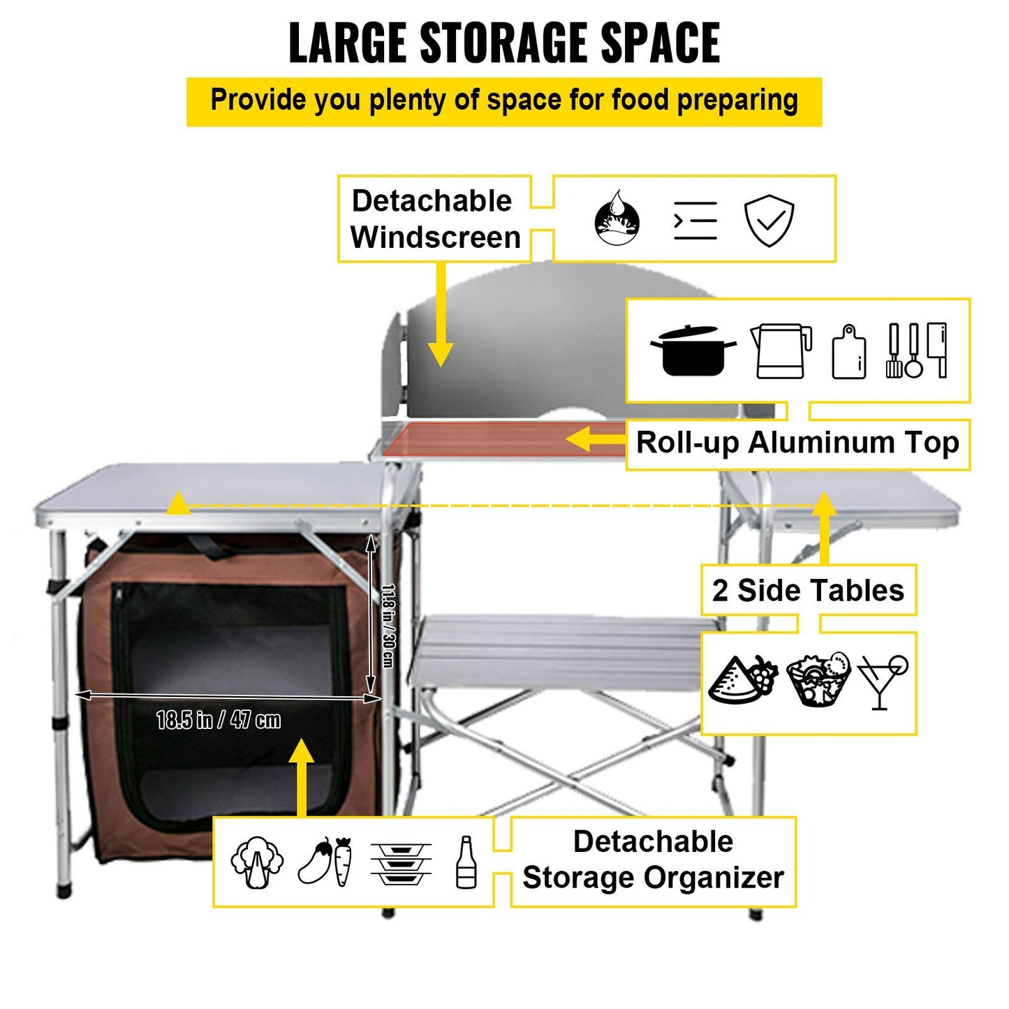 Camping Kitchen Table Picnic Cabinet Folding Cooking Storage Rack Portable Brown