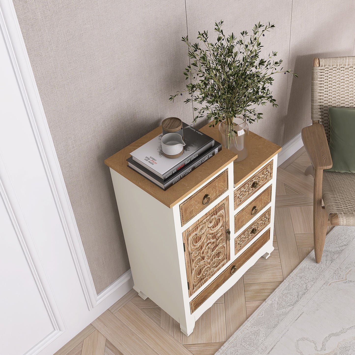 Wooden Cabinet with 5 Drawers and 1 Door;  Retro Accent Storage Cabinet for Entryway;  Living Room