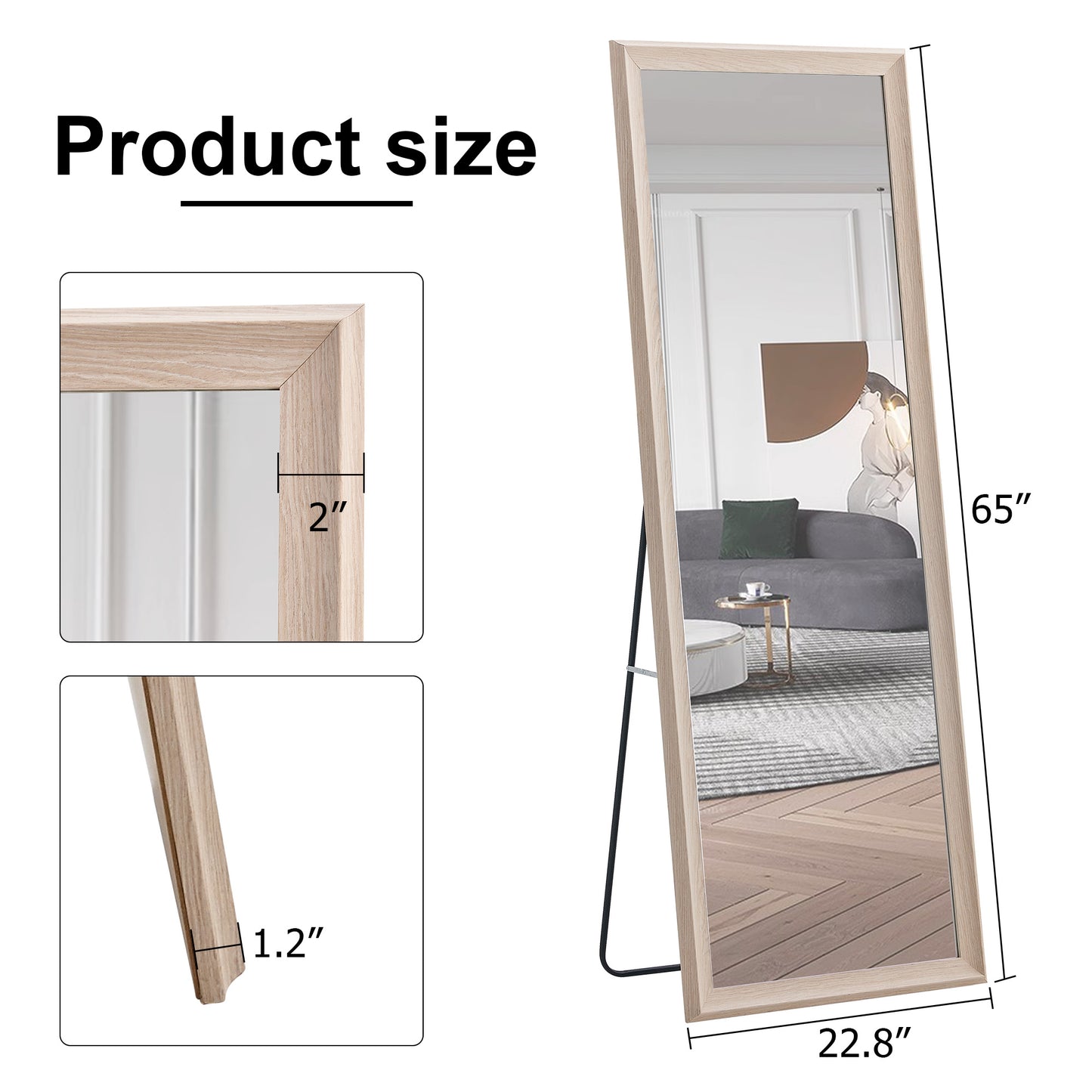 Third generation, light oak solid wood frame full-length mirror, large floor standing mirror, dressing mirror, decorative mirror, suitable for bedrooms, living rooms, clothing stores 65"*22.8"