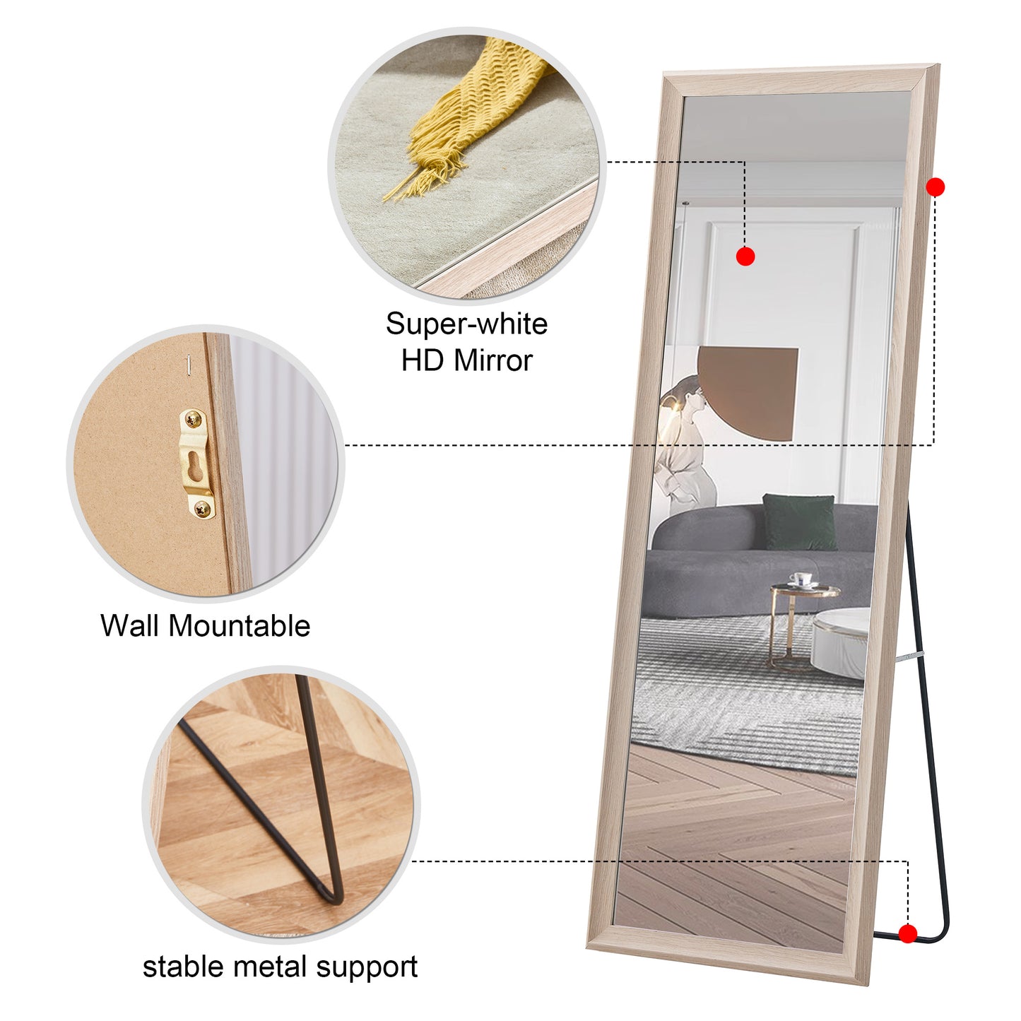 Third generation, light oak solid wood frame full-length mirror, large floor standing mirror, dressing mirror, decorative mirror, suitable for bedrooms, living rooms, clothing stores 65"*22.8"