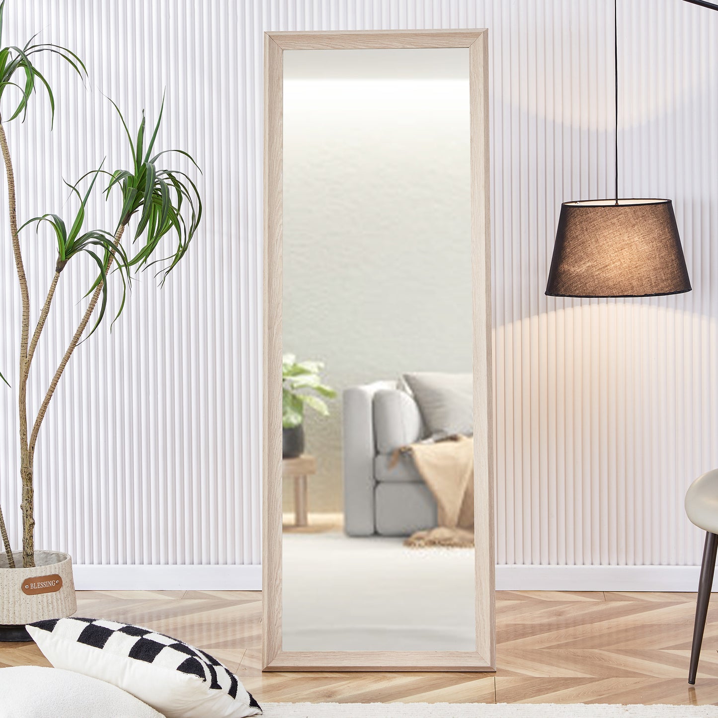 Third generation, light oak solid wood frame full-length mirror, large floor standing mirror, dressing mirror, decorative mirror, suitable for bedrooms, living rooms, clothing stores 65"*22.8"