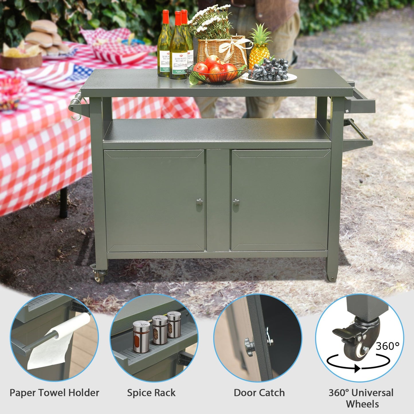 Grill Carts Outdoor Storage Cabinet with Wheels, Metal Outdoor Grill Table Kitchen Dining Table Cooking Prep BBQ Table for Patio, Kitchen Island, Home Party, Bar (Grey)