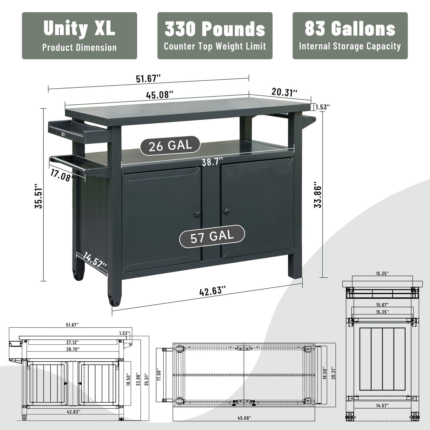 Grill Carts Outdoor Storage Cabinet with Wheels, Metal Outdoor Grill Table Kitchen Dining Table Cooking Prep BBQ Table for Patio, Kitchen Island, Home Party, Bar (Grey)