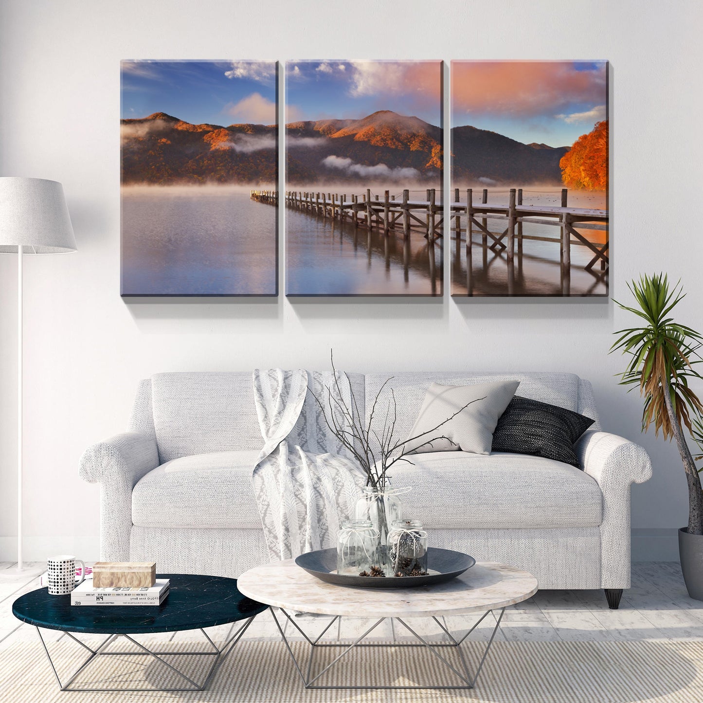 3 Panels Framed Jetty & Lake Canvas Wall Art Decor,3 Pieces Mordern Canvas Decoration Painting for Office,Dining room,Living room, Bedroom Decor-Ready to Hang