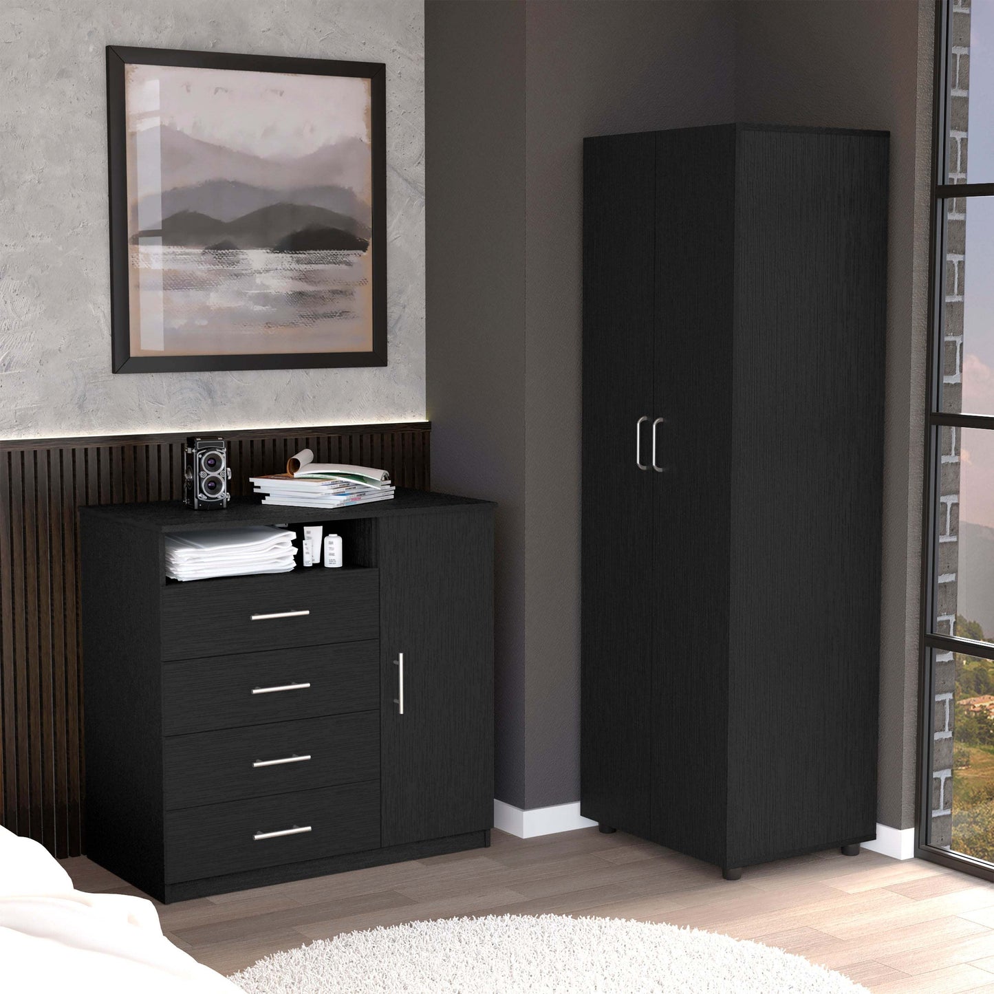 Bidrell 2 Piece Bedroom Set, London Armoire + Rioja 4 Drawer Dresser, Black